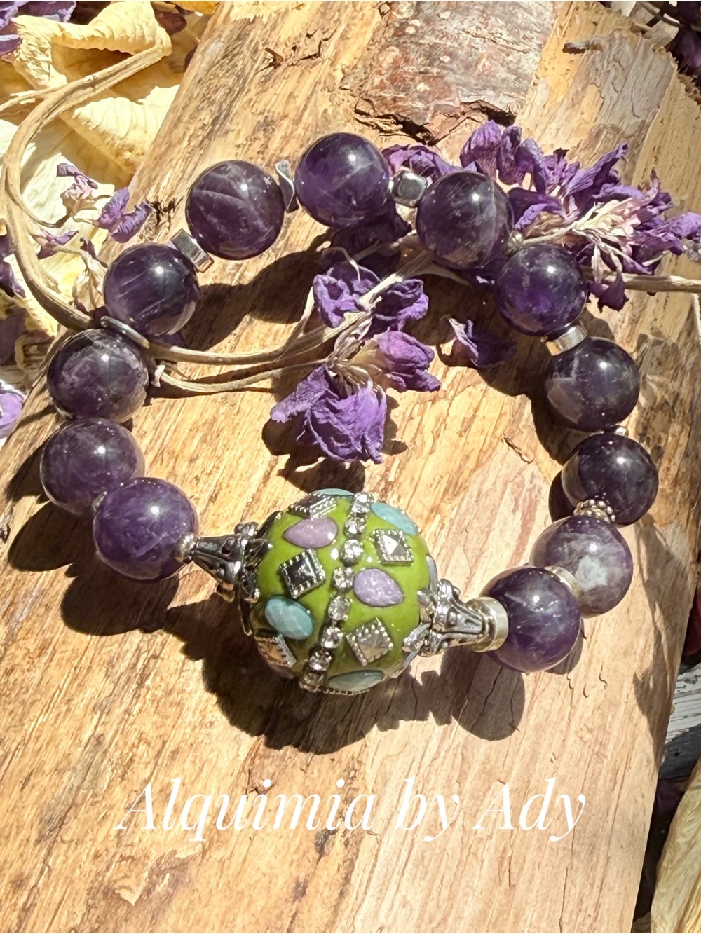 BRUTALIST + Deep Purple amethyst Floral Bead Stretch Bracelet